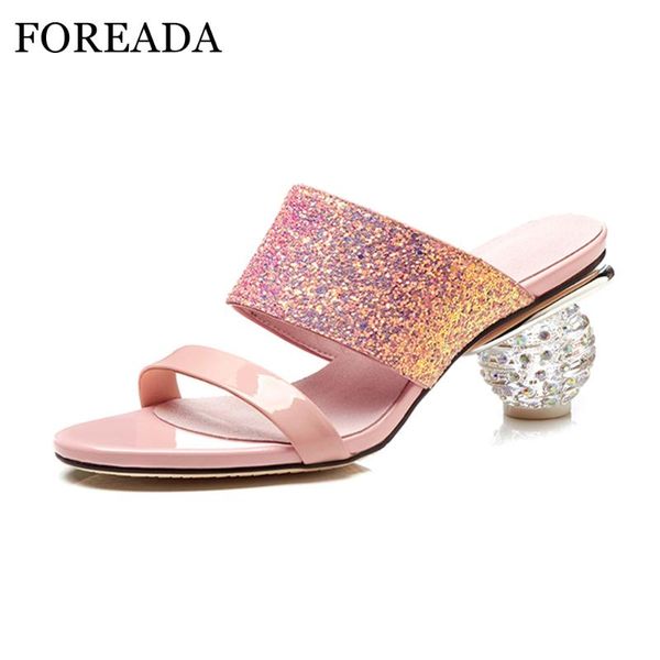 

summer shoes slides genuine leather sandals glitter strange heels party pink open toe high big size 42, Black