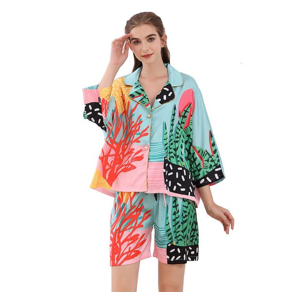 

women's sleepwear spring and autumn new ladies rayon pajamas set loosen thin leaves printed women comfort homewear & casual wear, Black;red