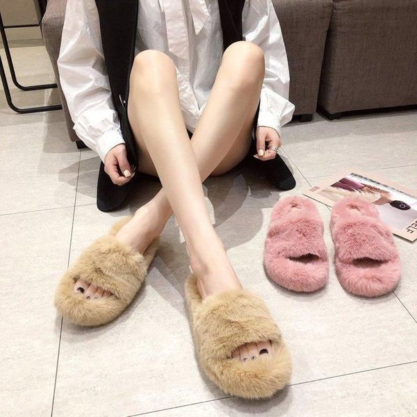 

female shoes on a wedge womens slippers outdoor platform luxury slides flock heeled mules fur flip flop 2021 designer flat, Black