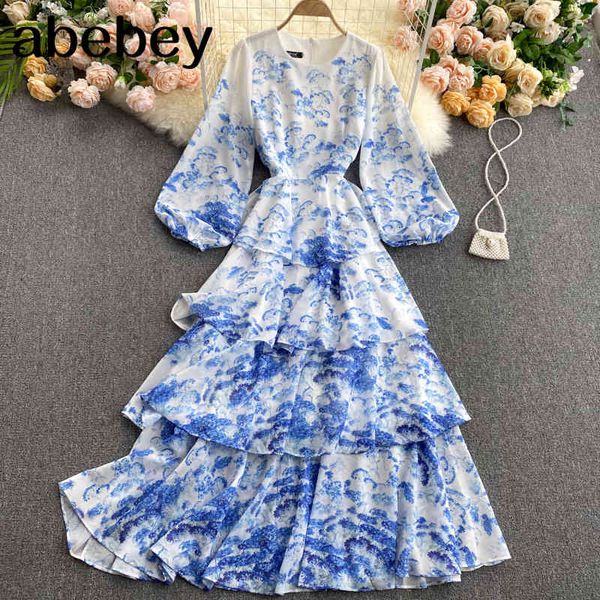 

fashion print cake dress women korean puff sleeve o neck a-line long es autumn chic boho streetwear maxi 210512, Black;gray