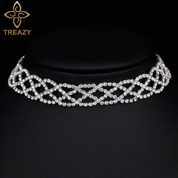 

shining rhinestone crystal statement chokers necklaces for women geometric collar choker trendy wedding party jewelry, Golden;silver