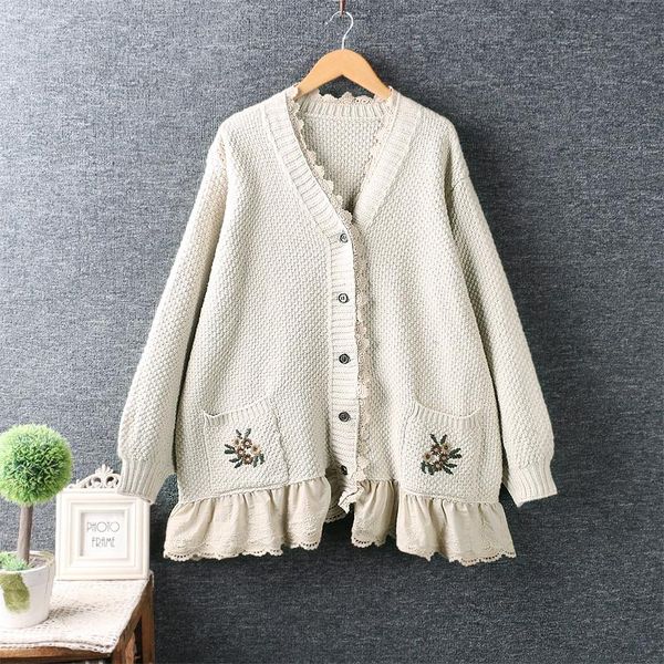

women's knits & tees harajuku mori girl v-neck loose lace patchwork cardigan sweater embroidered long-sleeve oversized women knitwear a, White