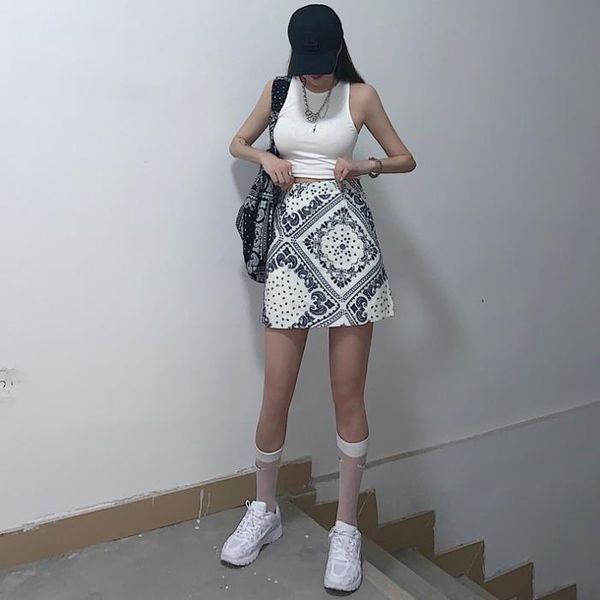 

skirts summer women a-line short high waist harajuku paisley bandana mini skirt korean vintage fit slim ladies faldas mujer, Black