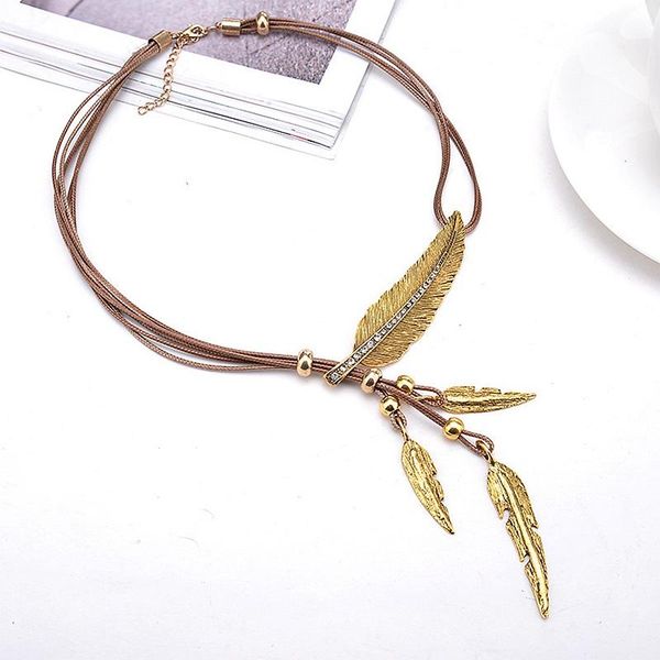 

ethnic women's boho gypsy leaf alloy necklace summer vintage charm leather rope collier femme pendant necklaces, Silver