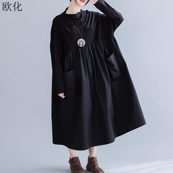 

casual dresses 2021 autumn winter fashion women dress long sleeve round neck black loose pleated vintage cotton, Black;gray