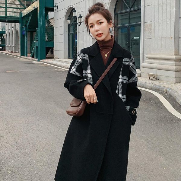 

women's wool & blends hepburn style sleeves stitching black woolen coat mid-length autumn and winter thick casual