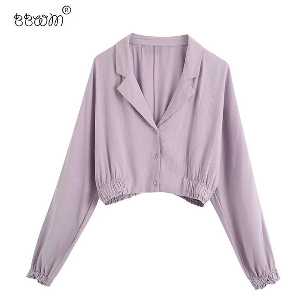 Mulheres Moda Botões Roxo Botões Curtas Blusas Do Vintage Longa Manga Comercial Camisas Elegantes Ladies Chic Tops 210520