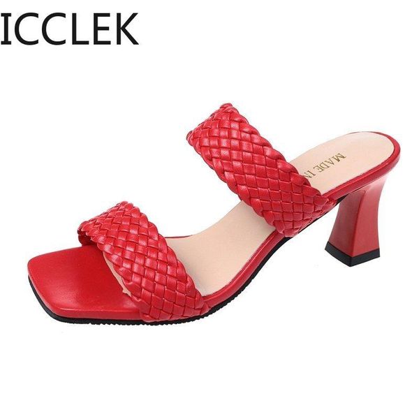 

square high heels slippers summer women toe sandals ladies pu leather plaid outside female fashion woman shoes mules, Black
