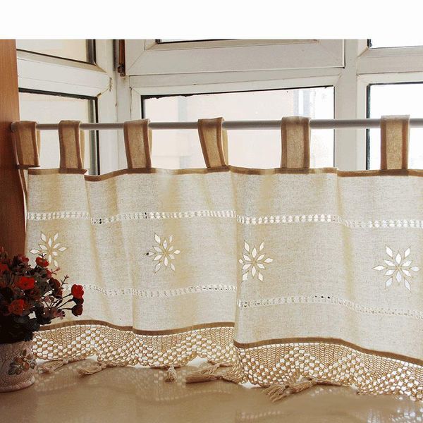 

curtain & drapes 1pc cotton linen half-curtain handmade tassel embroideried kitchen curtains floral pastoral short panel for cafe