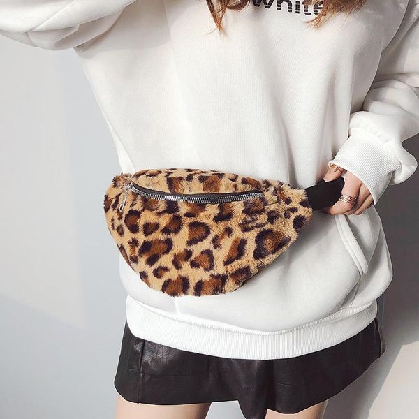 

waist bags soft fluffy plush leopard bag belt pouch fanny pack banana hip sack bum belly chest packages winter warm casual women
