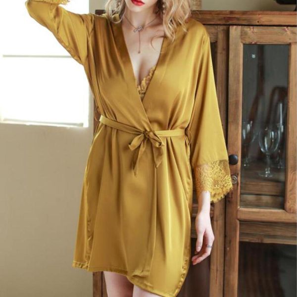 

women's sleepwear 2021 women robe & gown sets lace sleep lounge pijama long sleeve ladies nightwear bathrobe night dress with chest pad, Black;red