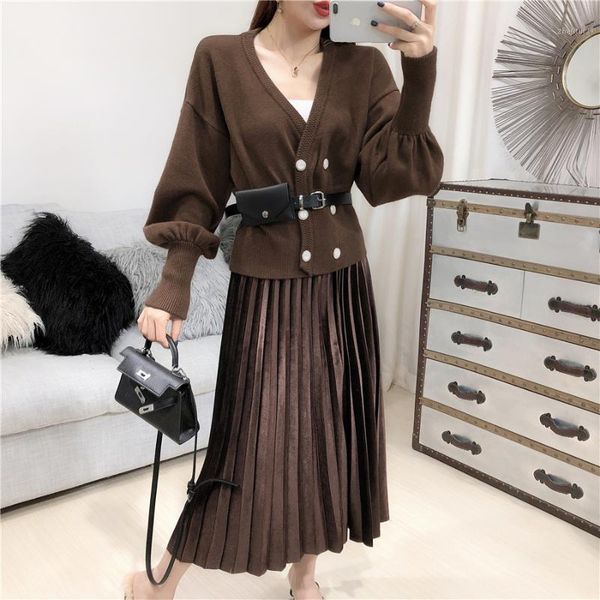 

two piece dress amolapha women v neck button knit cardigans +velvet skirts 2pcs sets long sleeve sweaters pleat skirt suits coustumes, White