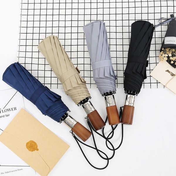 

umbrellas creative for men rain sun umbrella women wind proof automatic tri-fold folding 10 bone wooden handle business sal