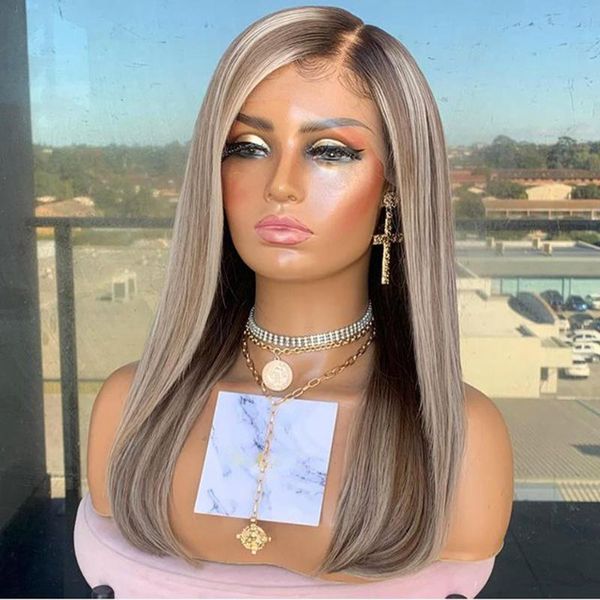 

simbeauty platinum blonde highlight bob human hair lace front wigs for women transparent swiss 13x4 remy, Black;brown