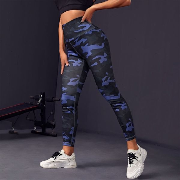 Yüksek Bel Mavi Kamuflaj Tayt Push Up Siyah Leggins Spor Kadın Spor Koşu Spor Pantolon Enerji Tayt Spor Leggins 211019