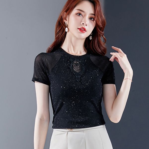 

T-shirt Black mesh T-shirt summer top looks large women's 2020 new thin blouse, White