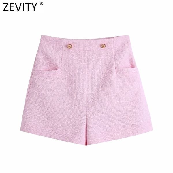 

zevity new women fashion button decoration pink tweed woolen shorts femme streetwear chic side zipper pantalone cortos p1019 210408, White;black