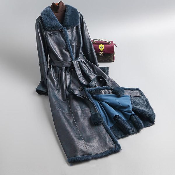 

women's fur & faux genuine long coat mink collar slim style autumn and winter sleeve real leather for women, Black