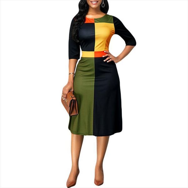 

large size s 5xl women dress summer three quarter sleeves geometric stitching o neck robe femme vestido de mujer, Black;gray