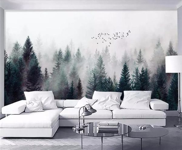 

custom wallpaper modern fresh fog forest clouds flying bird nordic tv backdrop 3d living room bedroom wallpapers