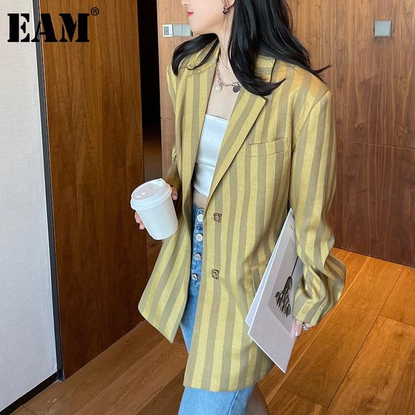 

women's suits & blazers [eam] women yellow striped big size blazer lapel long sleeve loose fit jacket fashion tide spring autumn 2021 1, White;black