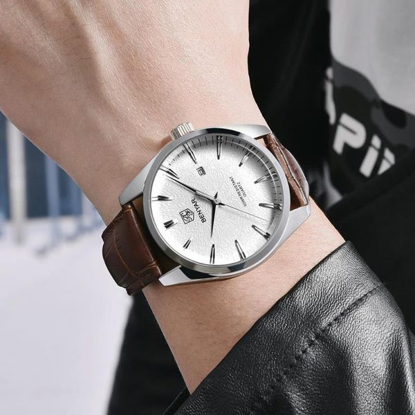 

wristwatches benyar brand men leather waterproof military watches luxury sports quartz watch for reloj hombre, Slivery;brown