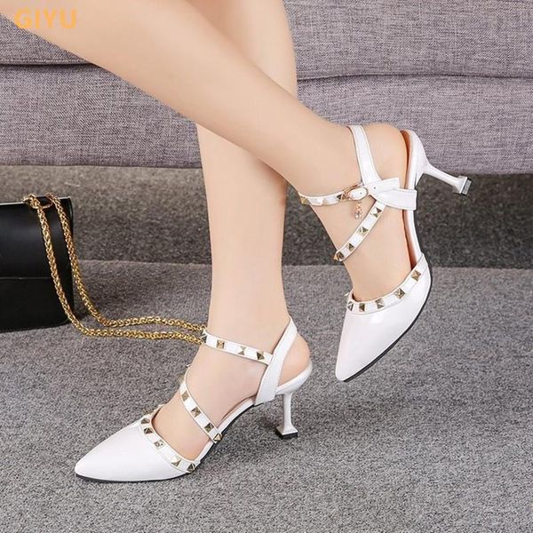

sandals women fashion rivet high heels 2021 summer baotou ladies shoes stiletto pointed toe dating mid heel, Black