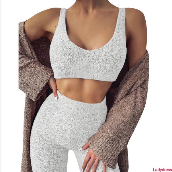 

women's jumpsuits & rompers 2021 plush 2 piece set women autumn sling sleeveless v-neck solid short tanks+elastic high waist slim hips, Black;white