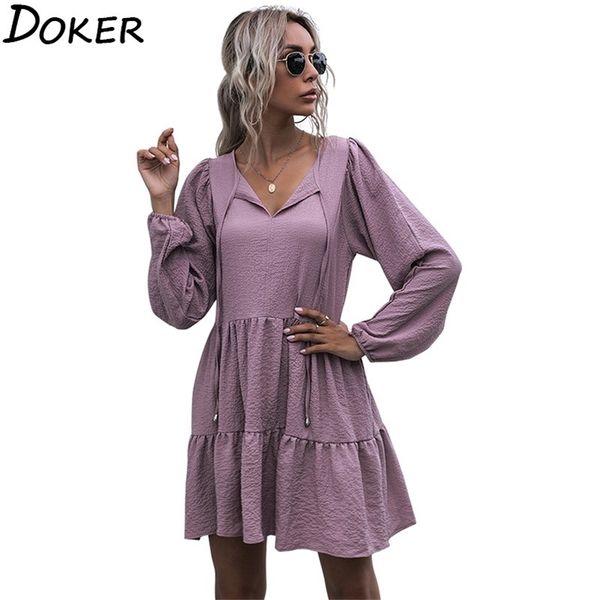 

women ruffle mini solid dress fashion o-neck long sleeve casual loose pleated elegant ladies es plus size vestidos 210604, Black;gray