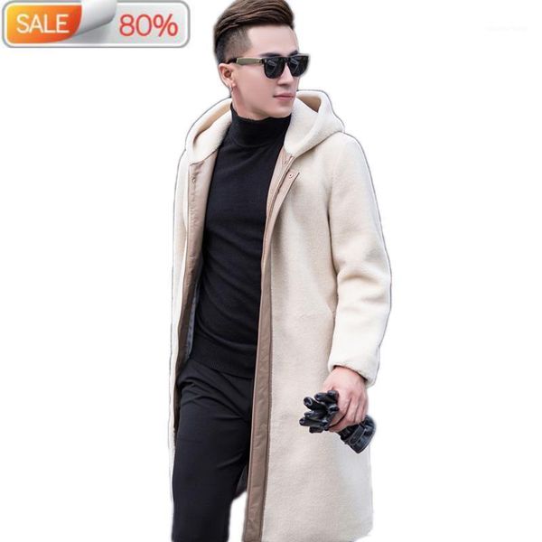 Couro dos homens Faux Real Fur Men Carneiros Shearing Lã Casaco de Inverno Jaqueta Long Genuine Greenykin Casacos 19005 B2A09