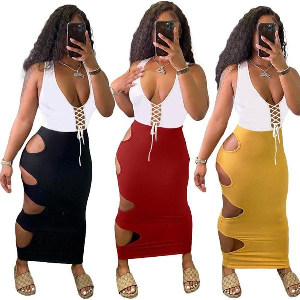 

casual dresses 2021 arrivals summer patchwork hollow out bandage fashion women sleeveless night club bodycon vestidos clothing, Black;gray