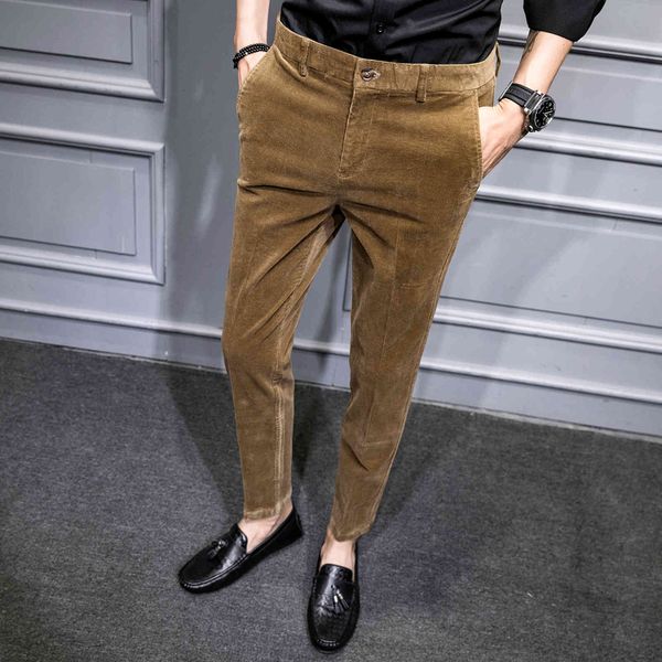

men's pants luxury corduroy men suit casual slim fit business dress autumn winter formal office social trousers pantalon homme 1be, Black