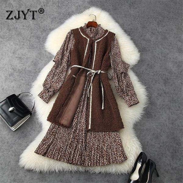 

casual dresses 2021 arrivals women autumn winter fur jacket and ruffled collar print vintage pleated dress 2 piece set, Black;gray