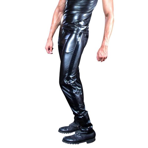 

Men Motorcycle Clothing Fad Euramerican Spliced Tight High-Elastic Patent Leathe Trouser Haulage Motor Pants Stage Play Costume, Black pants