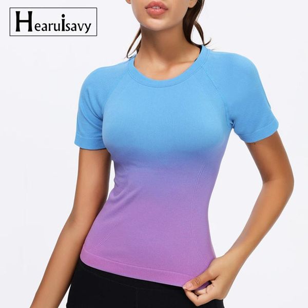

running jerseys women elastic seamless tight sports t-shirt female summer gradient color quick-drying short-sleeve fitness yoga top, Black;blue