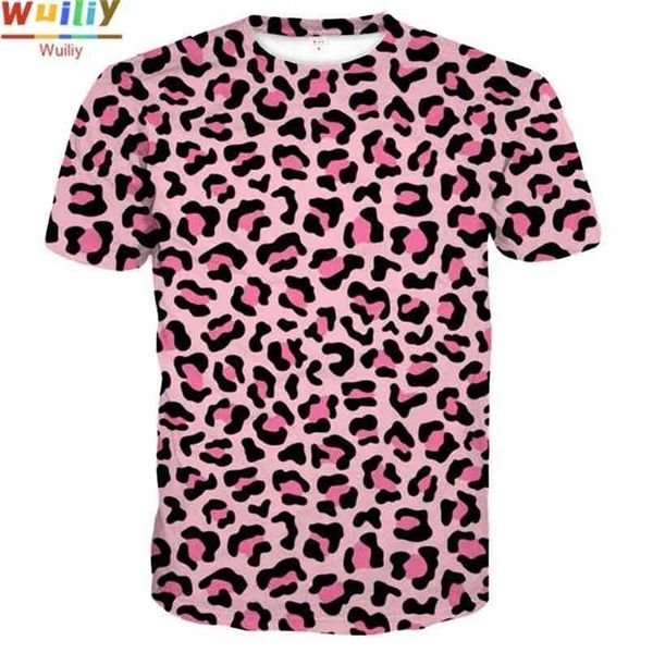 T-shirt do teste padrão do leopardo para homens Verão Vermelho Gráfico Pink 3D Imprimir Tees Sport T Camiseta Mulheres / Homens Novidade Tops 210716
