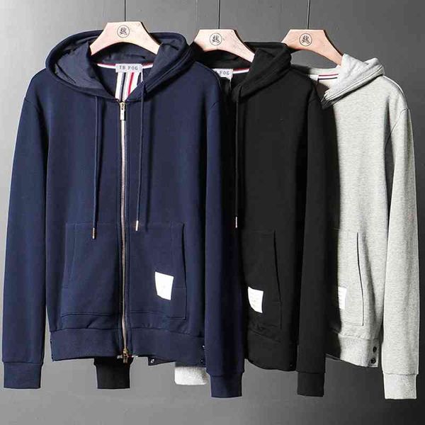 

tb fog trend back ribbon stripe pure cotton sweater zipper hoodie sports cardigan brand coat fashion man, Black