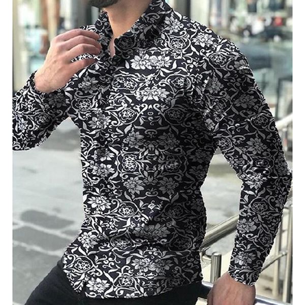 

men's casual shirts fashion for men long sleeve floral print shirt autumn dress camisa button lapels collar male turn down, White;black