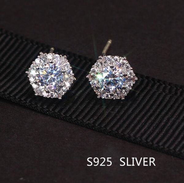 

real s925 sterling stud earrings simple fashion women wedding bridal jewelry round cut white z cz diamond gemstones party gift, Golden;silver