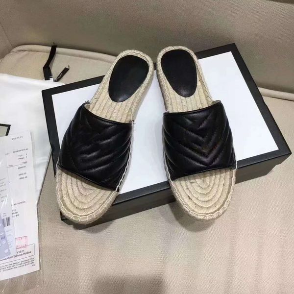 

woman leather espadrille slipper waves gold mental 2g letter chic designer lady cord platform flat rubber sole slide sandal, Black