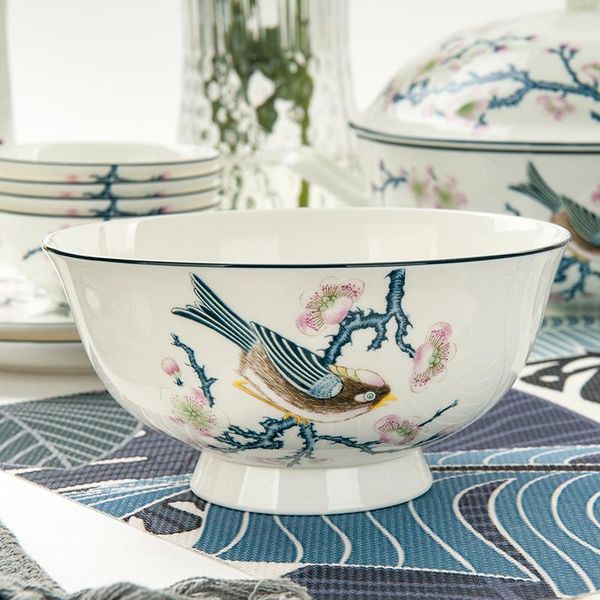 

bowls 6-inch ceramic high foot bowl rice anti scalding household tableware porcelain robin