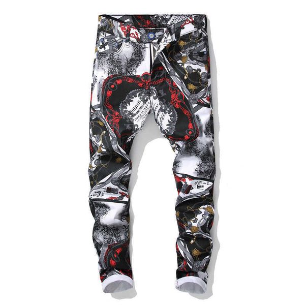 

new printed casual pants men slim digital printed pants european station european and american fashion nightclub trendy pants x0621, Blue