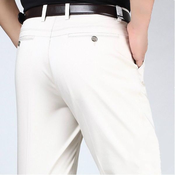 

summer ice silk cotton white pants men thin middle-aged mens casual business straight high waist long trousers office wear male men's, Black