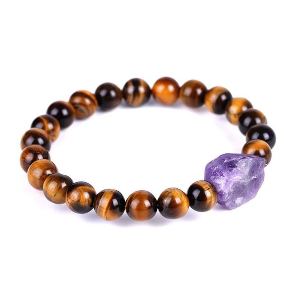 

beaded, strands genuine purple crystal raw stone charm bracelet yoga healing energy 8mm tiger eye beads wholesal, Black