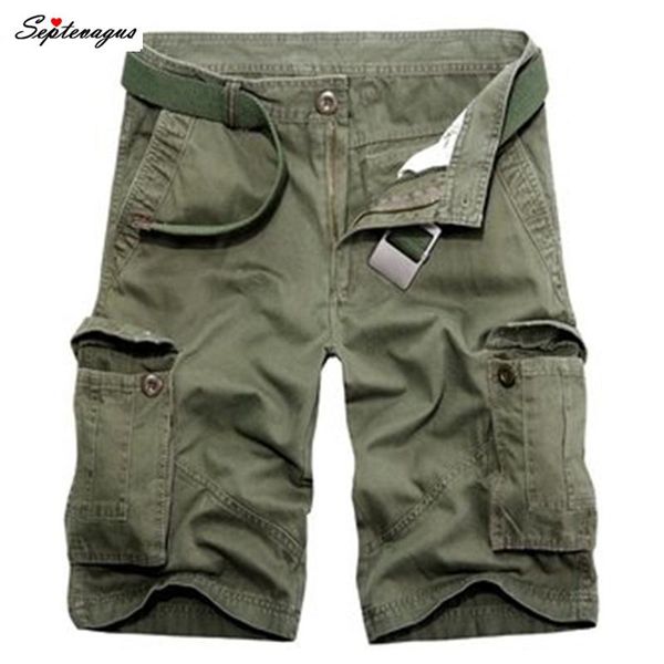 

summer mens 30-44 size multi-pocket cargo army green khaki shorts breathable loose casual 100% cotton knee-length men's, White;black