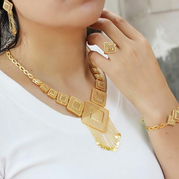

earrings & necklace fashion gold square hollow bracelet heart-shaped tassel pendant earring sets muslim india luxury jewelry set, Silver
