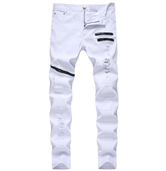 

men's jeans straight hole destruction trousers distressed men denim designer brand white jean male, Blue