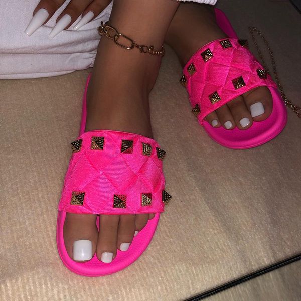 

slippers 2021 summer fashion women's flat sandals open toe rivet solid color outdoor leisure beach plus size, Black