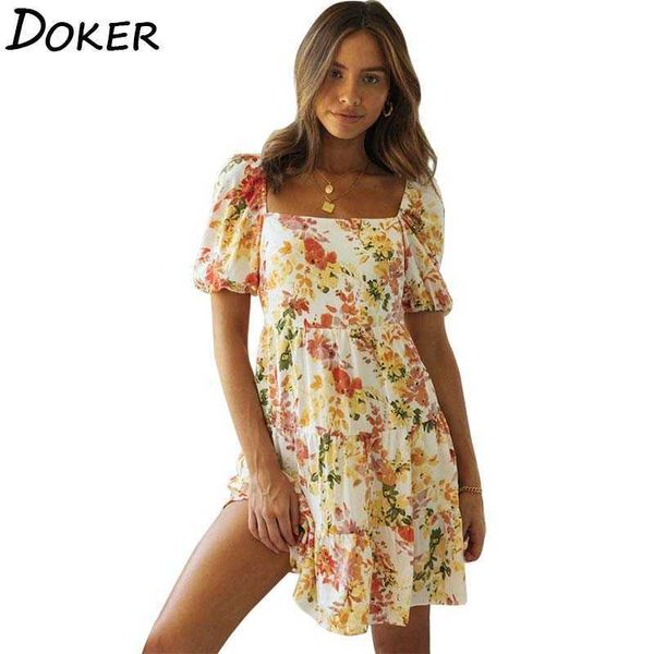 

summer women chiffon dress square collar short sleeve plus size party ladies es casual boho beach floral mini 210604, Black;gray