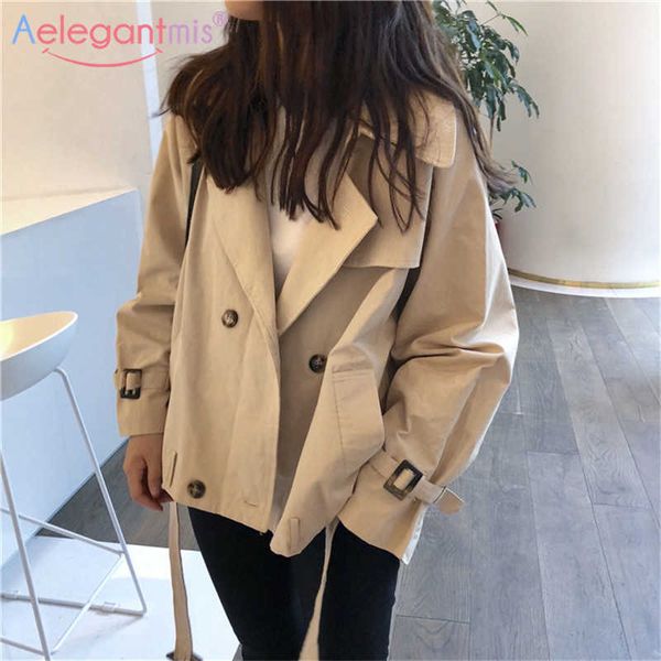 

aelegantmis korean style women short trench coat fashion loose khaki cropped windbreaker overcoat with belt ladies coats 210607, Tan;black